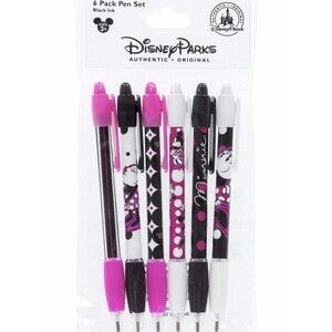 Disney Parks Minnie Mouse Pink Black 6 pack Pen Set Black Ink New In Package